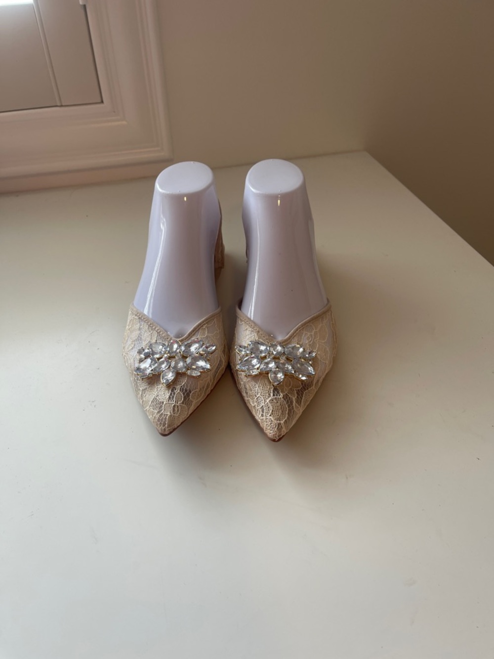 Lace Pointed-Toe Mules with Crystal Brooch in Ivory